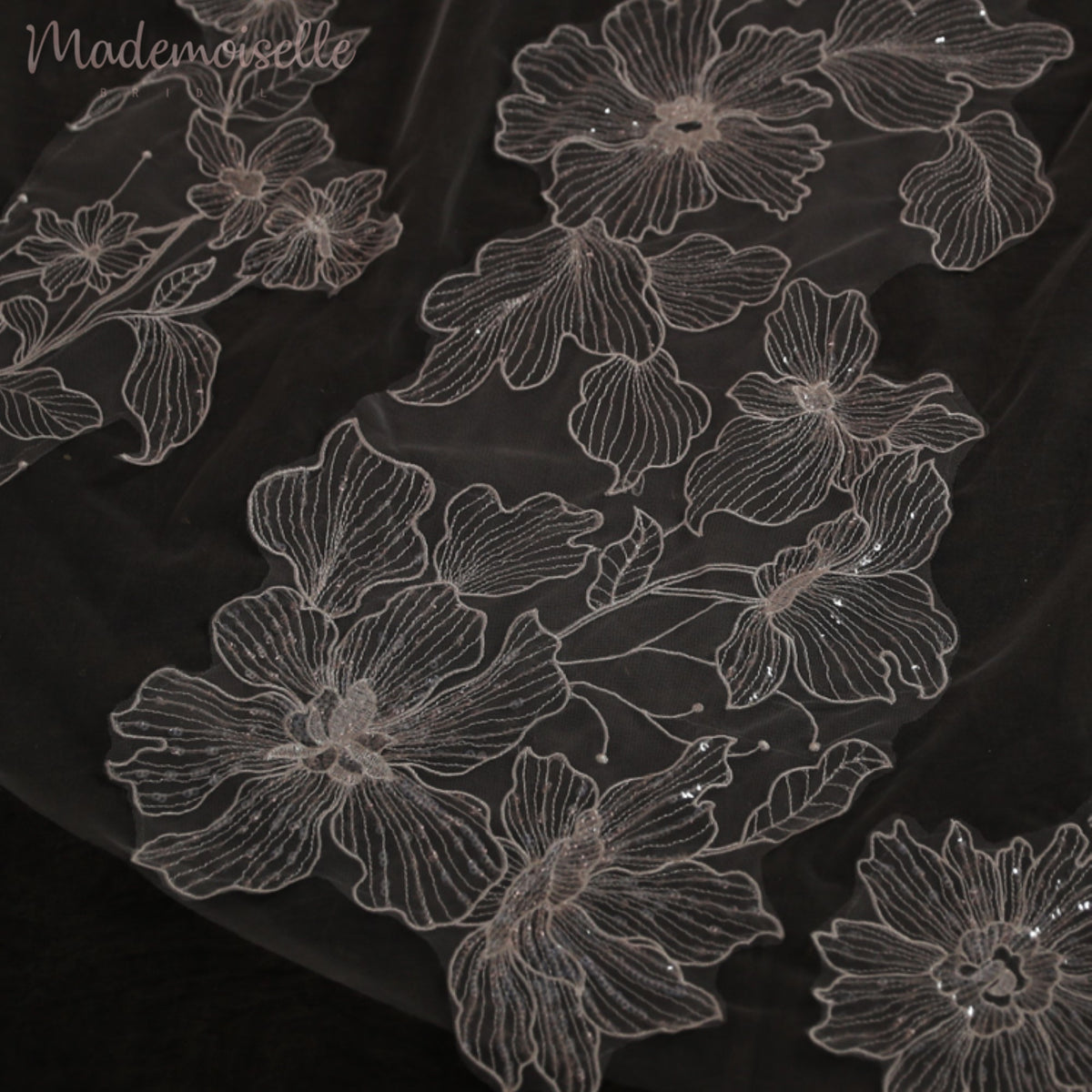 A stunning close-up of an exquisite wedding veil adorned with delicate floral embellishments, radiating elegance and romance.