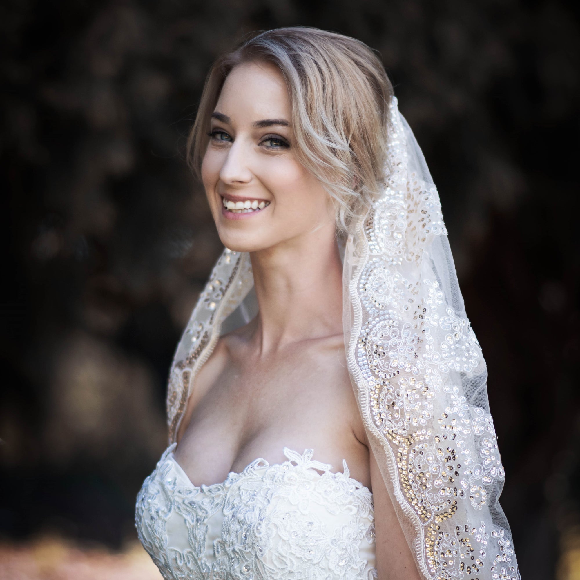 Rhianna one tier sequin lace champagne cathedral wedding bridal veil