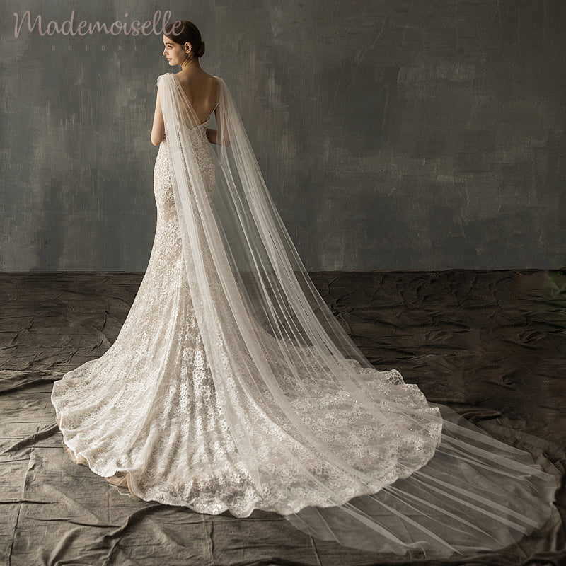 A bride's back view showcasing a flowing long veil cascading down her dress.