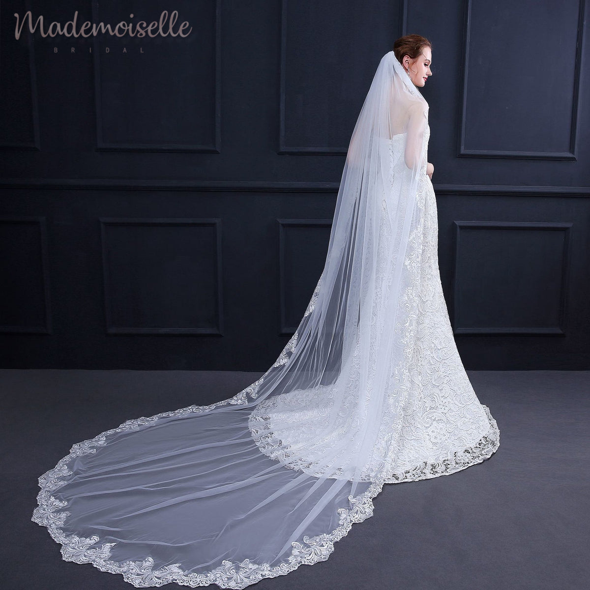 A bride wears a flowing long veil with lace detailing at the bottom, creating a romantic and elegant bridal style.