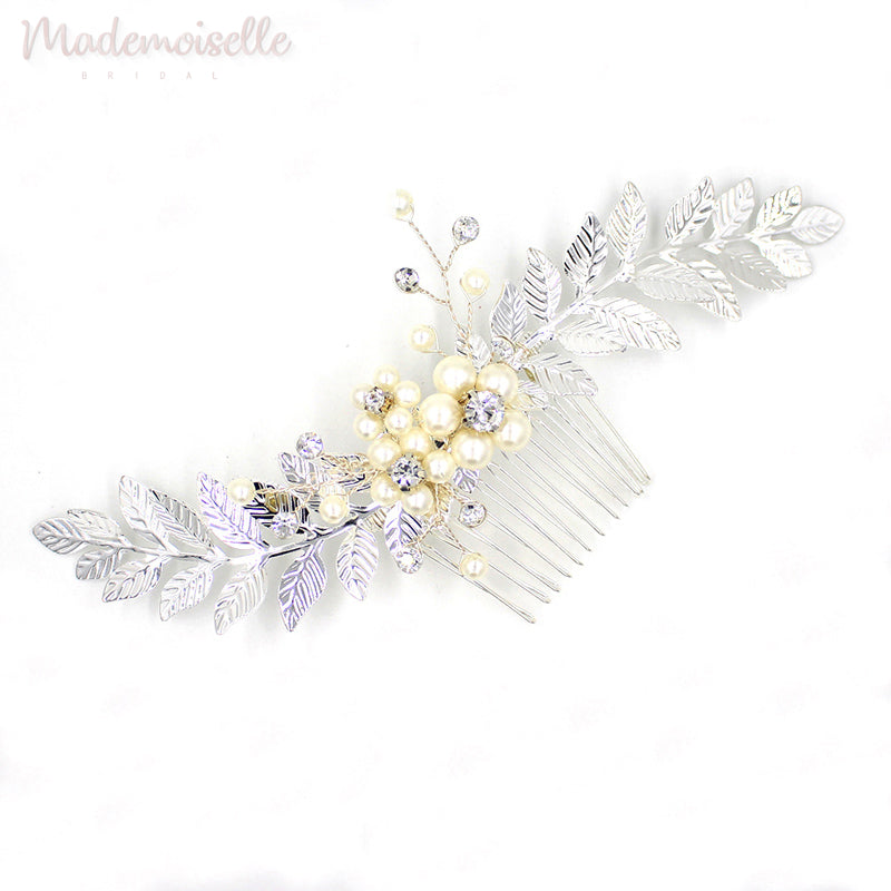 Leaves and Pearl Floral Comb