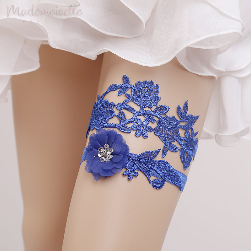Blue Floral Lace Bridal Garter Set