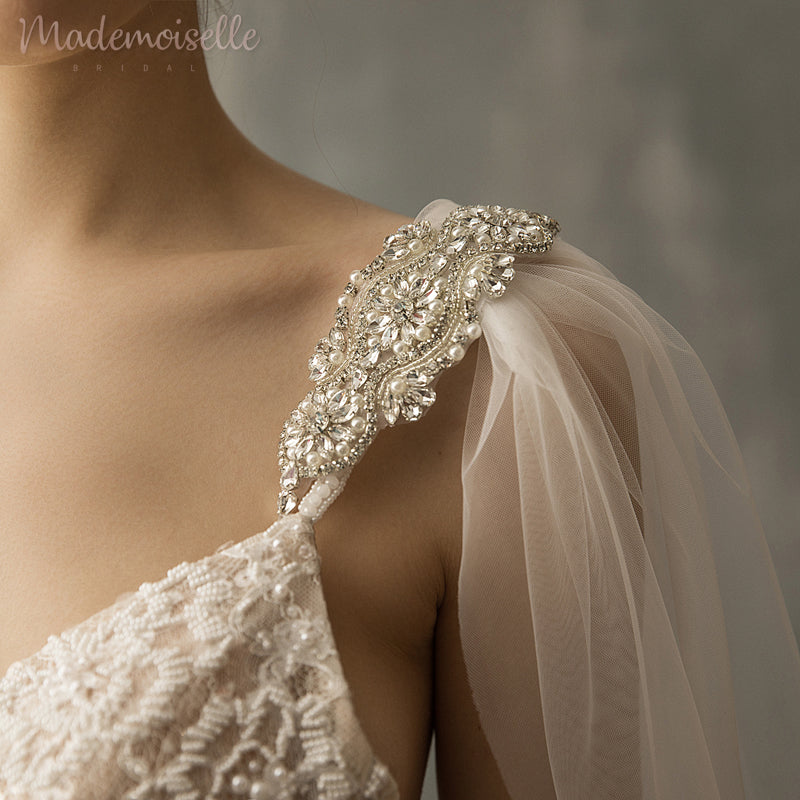 A bride's back view showcasing a flowing long veil cascading down her dress.