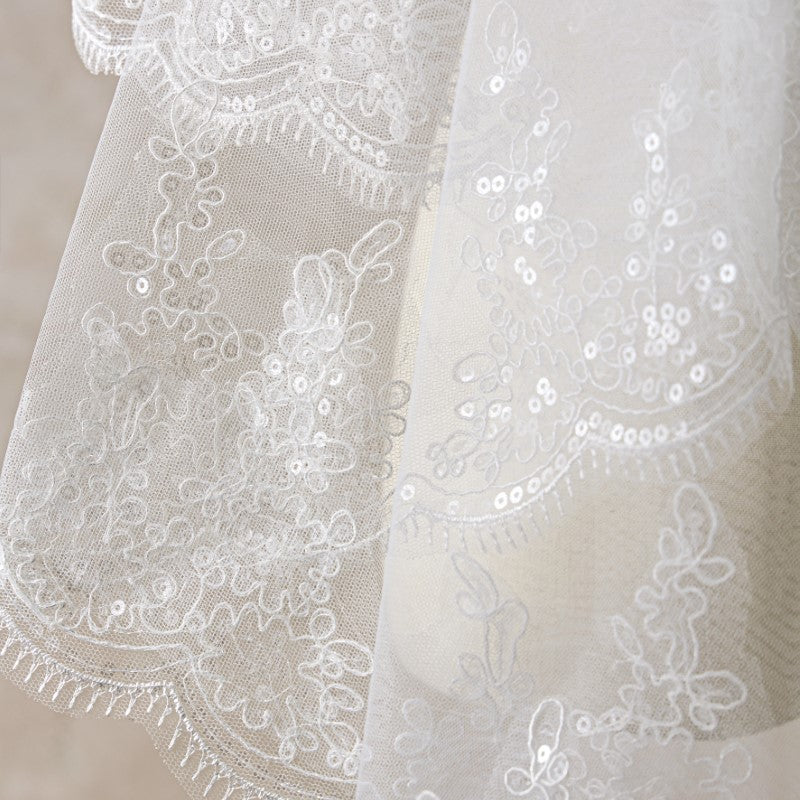 Close-up of a white lace fabric with intricate patterns and sequins.