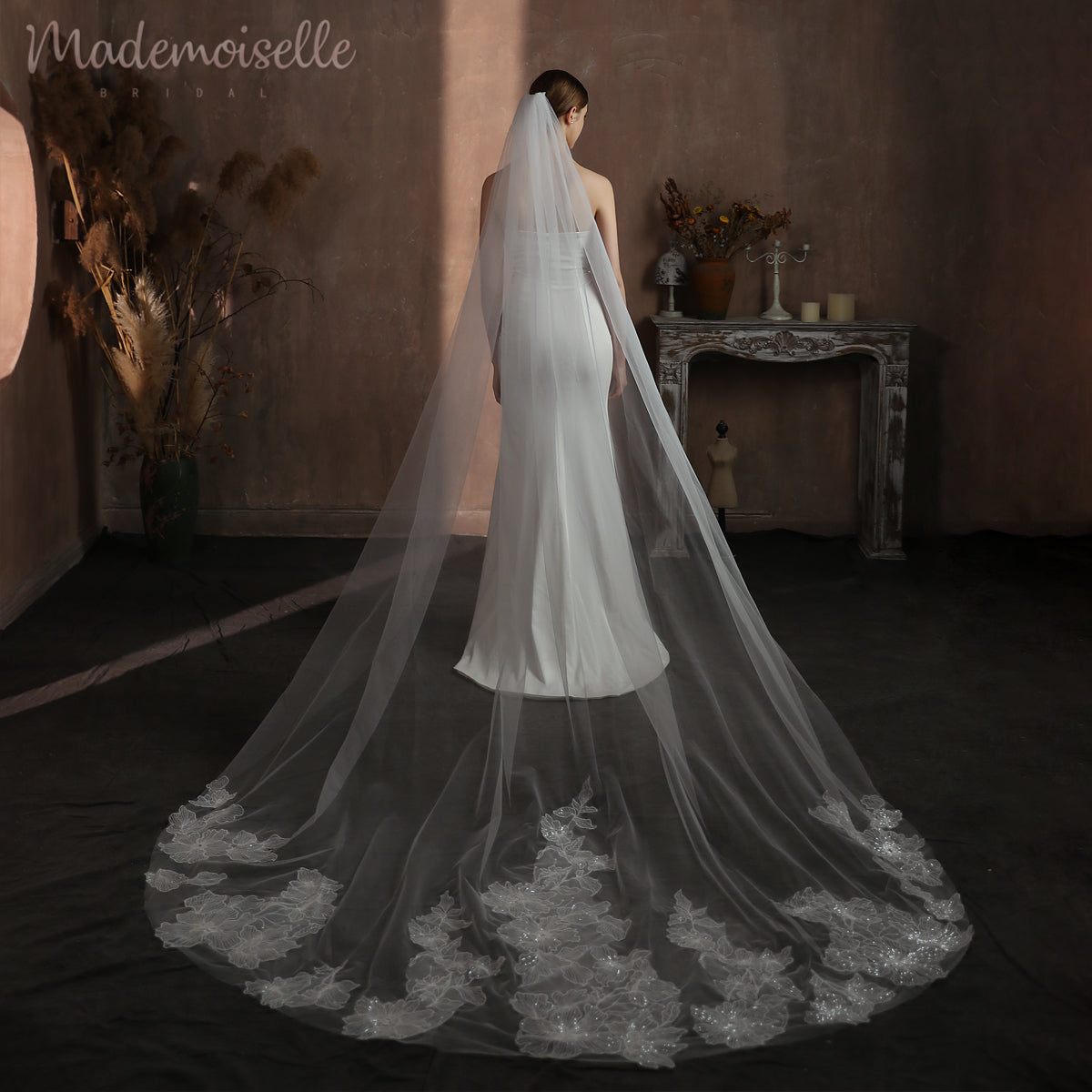 A bride elegantly poses before a wall, her cathedral veil cascading gracefully behind her, embodying timeless beauty.
