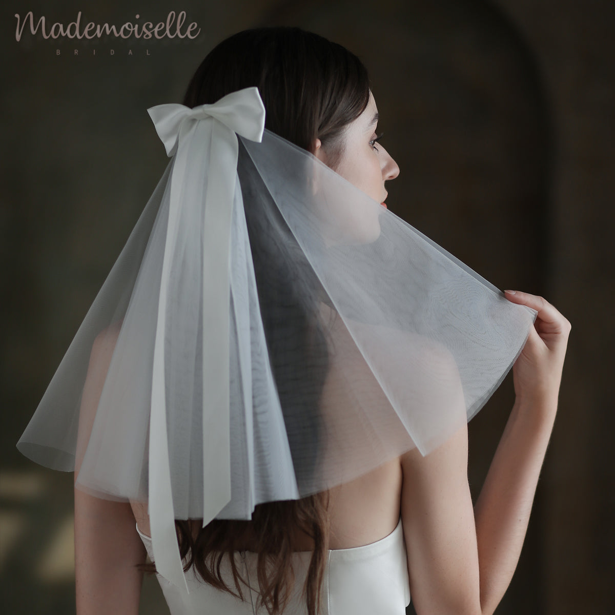 A stunning back view of a woman in a veil, elegantly finished with a bow, embodying grace and high fashion.