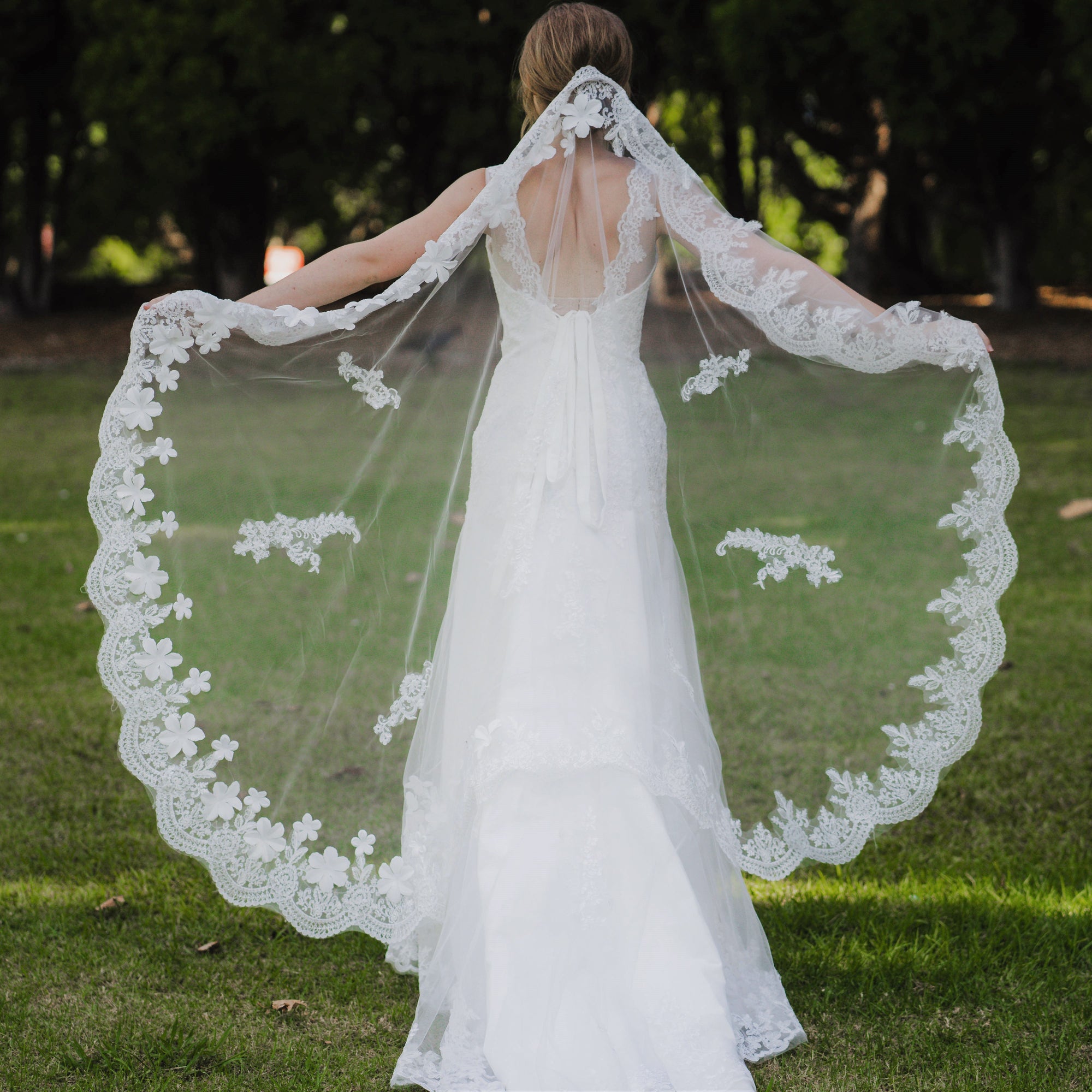Mariah one tier floral lace ivory waltz wedding bridal veil