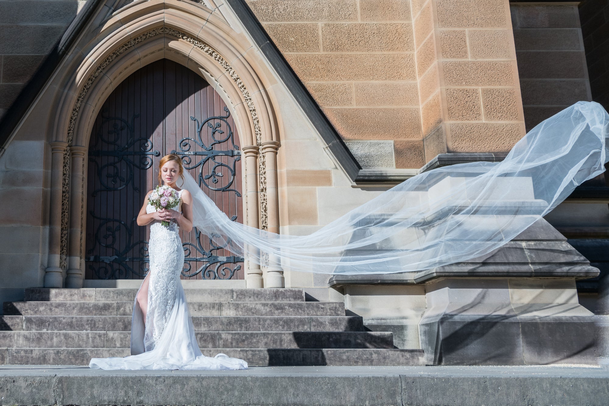Rimona raw cut edge plain ivory cathedral wedding bridal veil