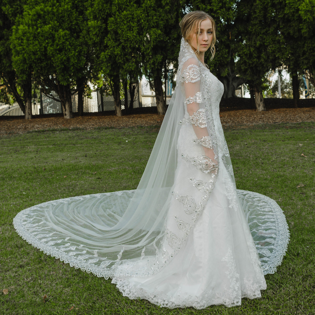 Wedding Veils - Lace Bridal Cape Veil - Cathedral Length White