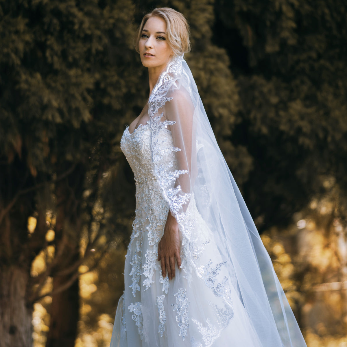 A beautiful bride wearing an elegant wedding dress and veil, capturing the essence of love and celebration.