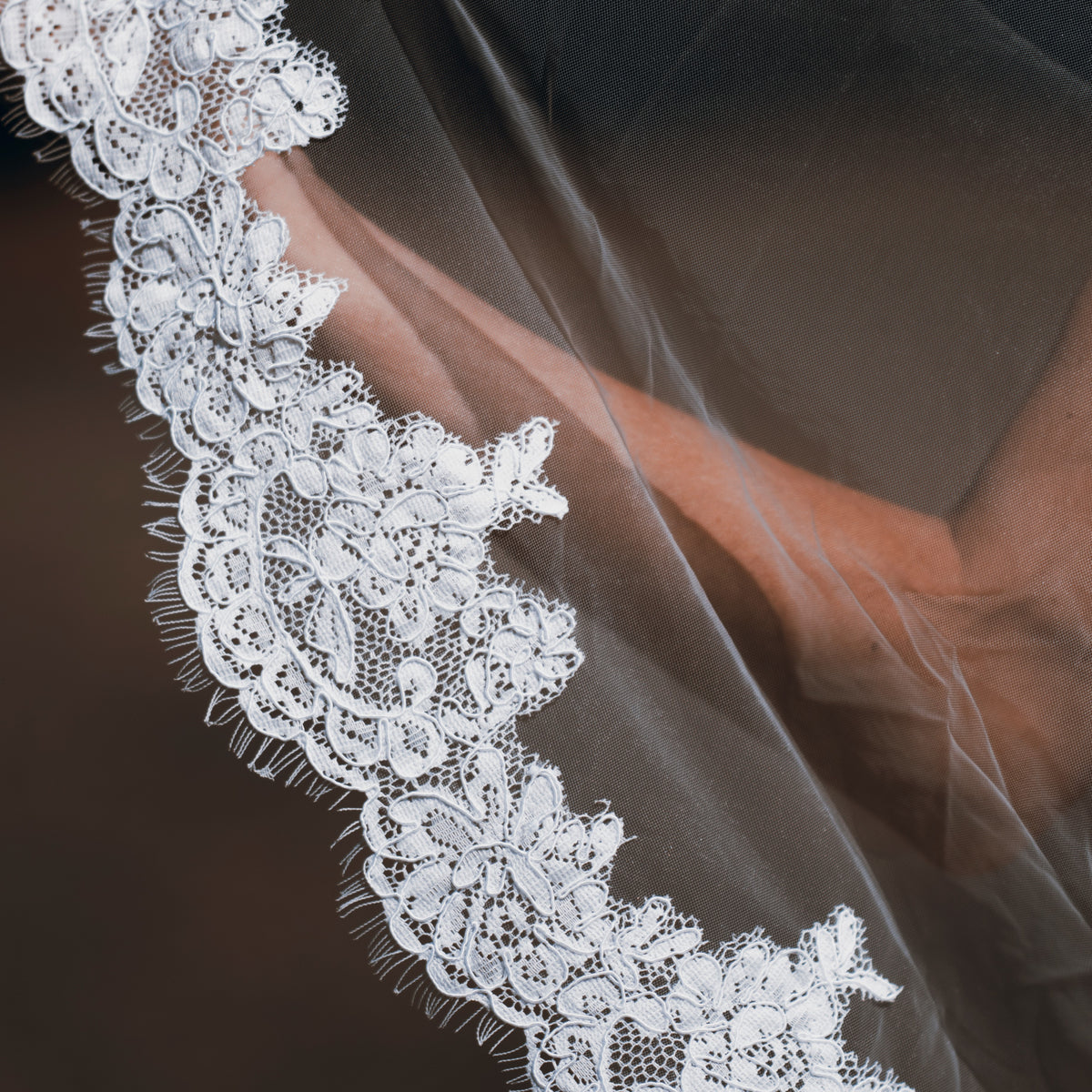 Rene two tier lace applique ivory fingertip wedding bridal veil with blusher