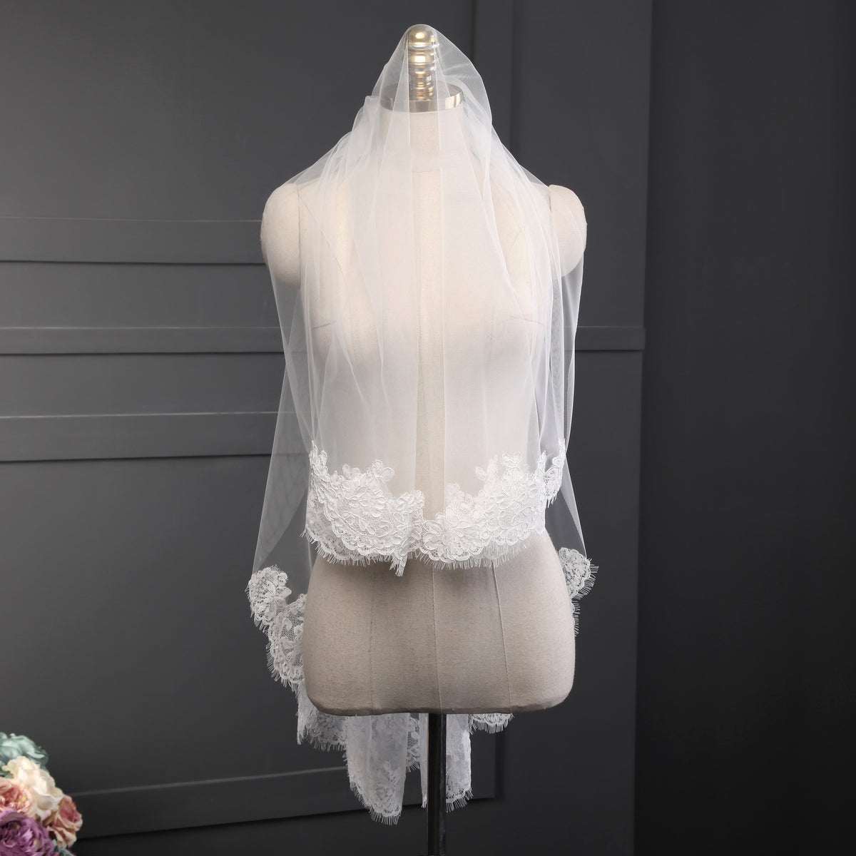 Rene two tier lace applique ivory fingertip wedding bridal veil with blusher