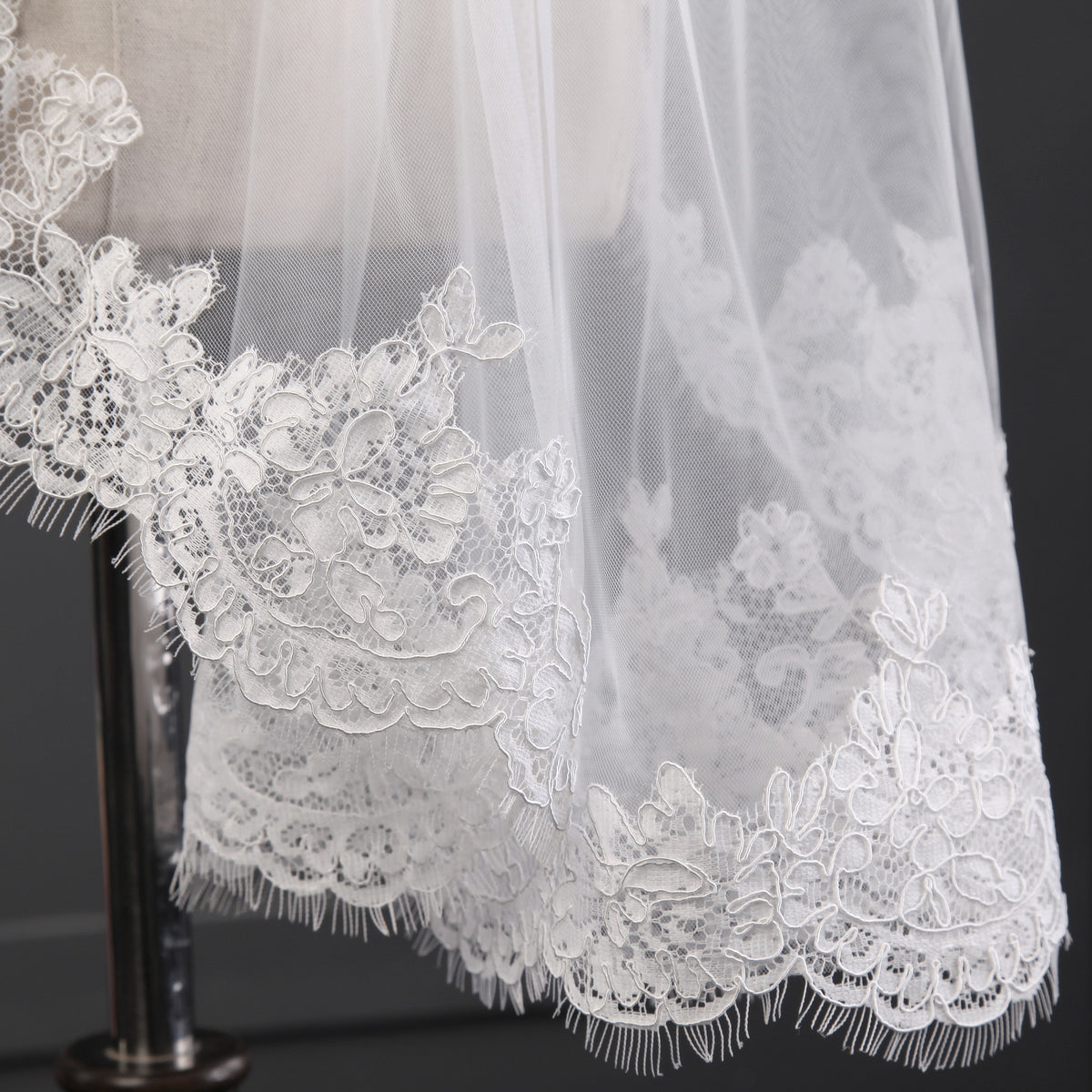 Rene two tier lace applique ivory fingertip wedding bridal veil with blusher