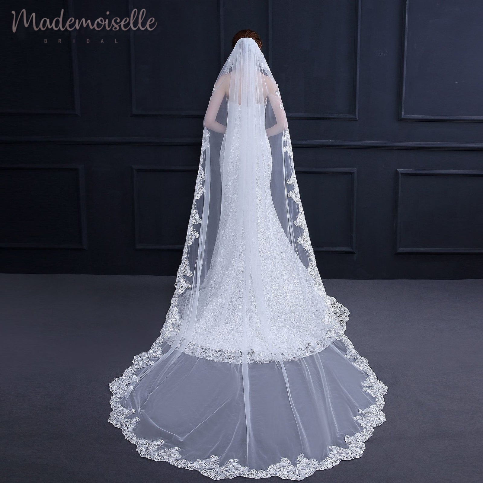 A bride wears a flowing long veil with lace detailing at the bottom, creating a romantic and elegant bridal style.